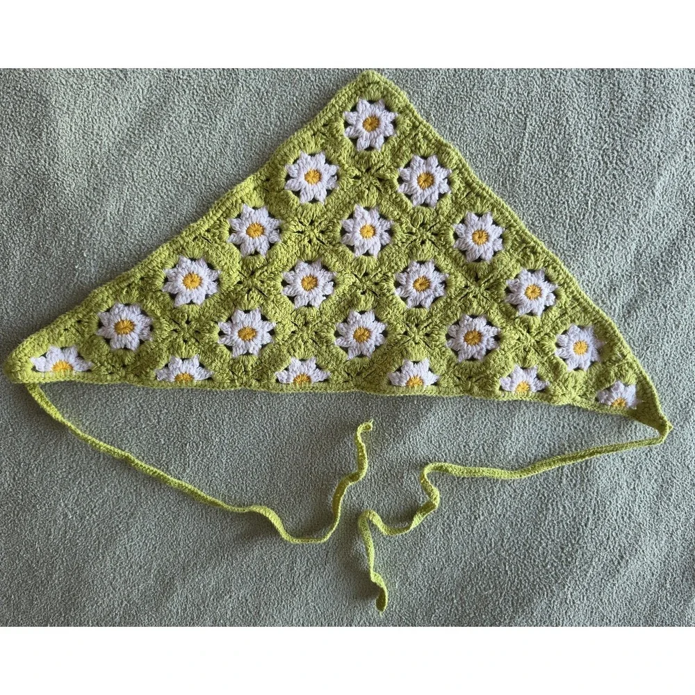 Women Floral Crochet Headscarf Green White Yellow Boho Scarf Hair Accessory